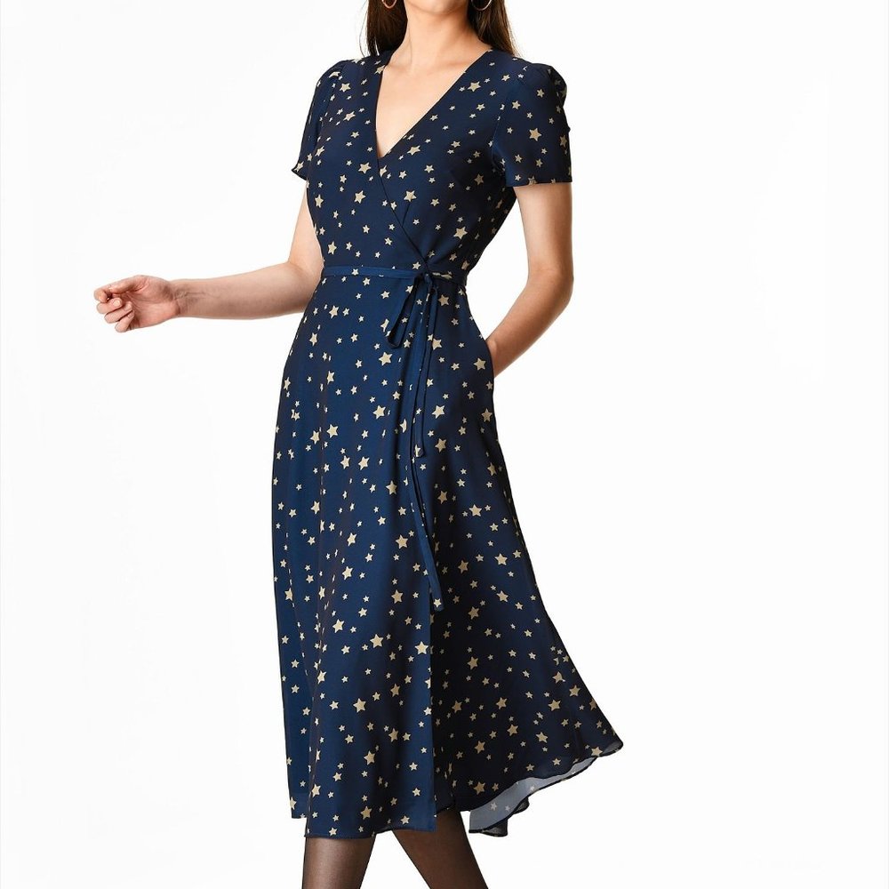 Star Print Crepe Midi/Maxi Wrap Dress